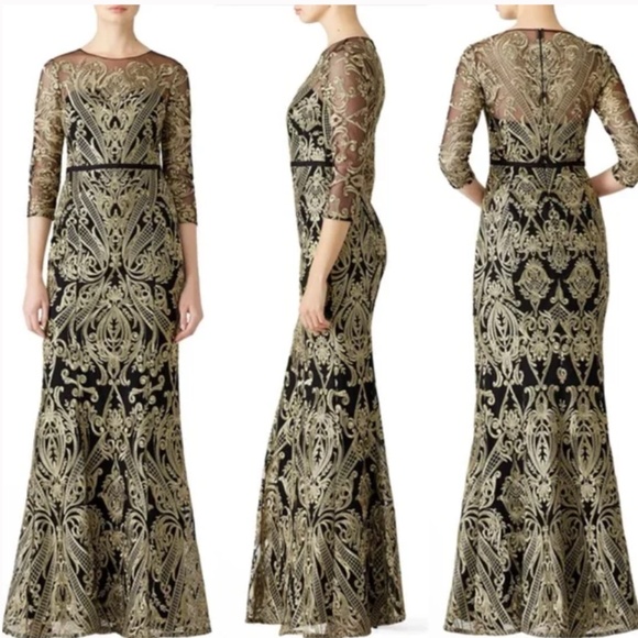 Marchesa Notte Moises Embroidered Gown Maxi Dress Gold Back Lace - Size 2 - Picture 14 of 14